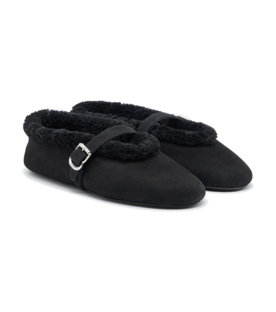 נעלי אלאיה – Alaïa Shearling-Trimmed Suede Mary Jane Flats – Black