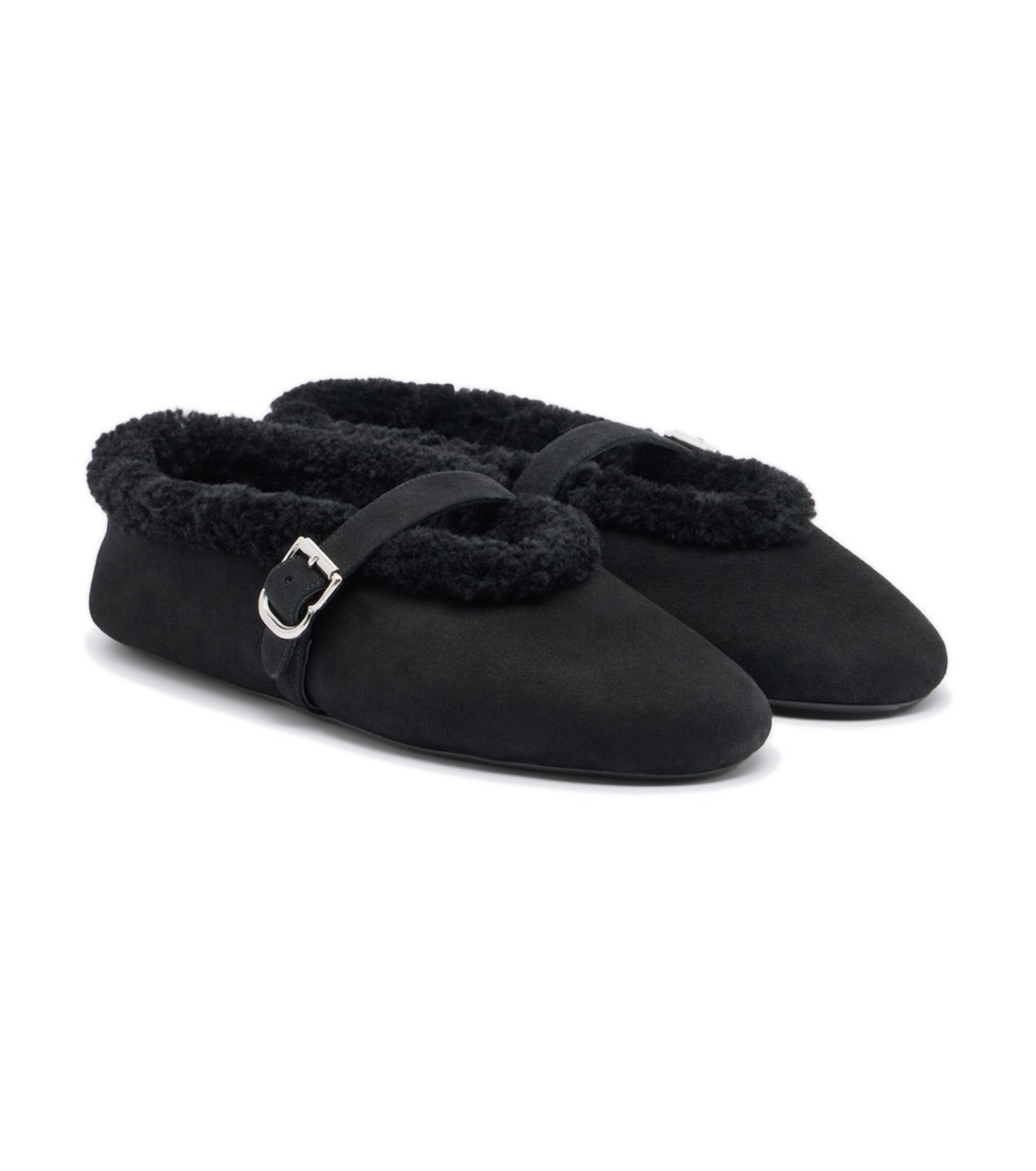 Alaïa Shearling-Trimmed Suede Mary Jane Flats – Black נעלי אלאיה – Alaïa Shearling-Trimmed Suede Mary Jane Flats – Black
