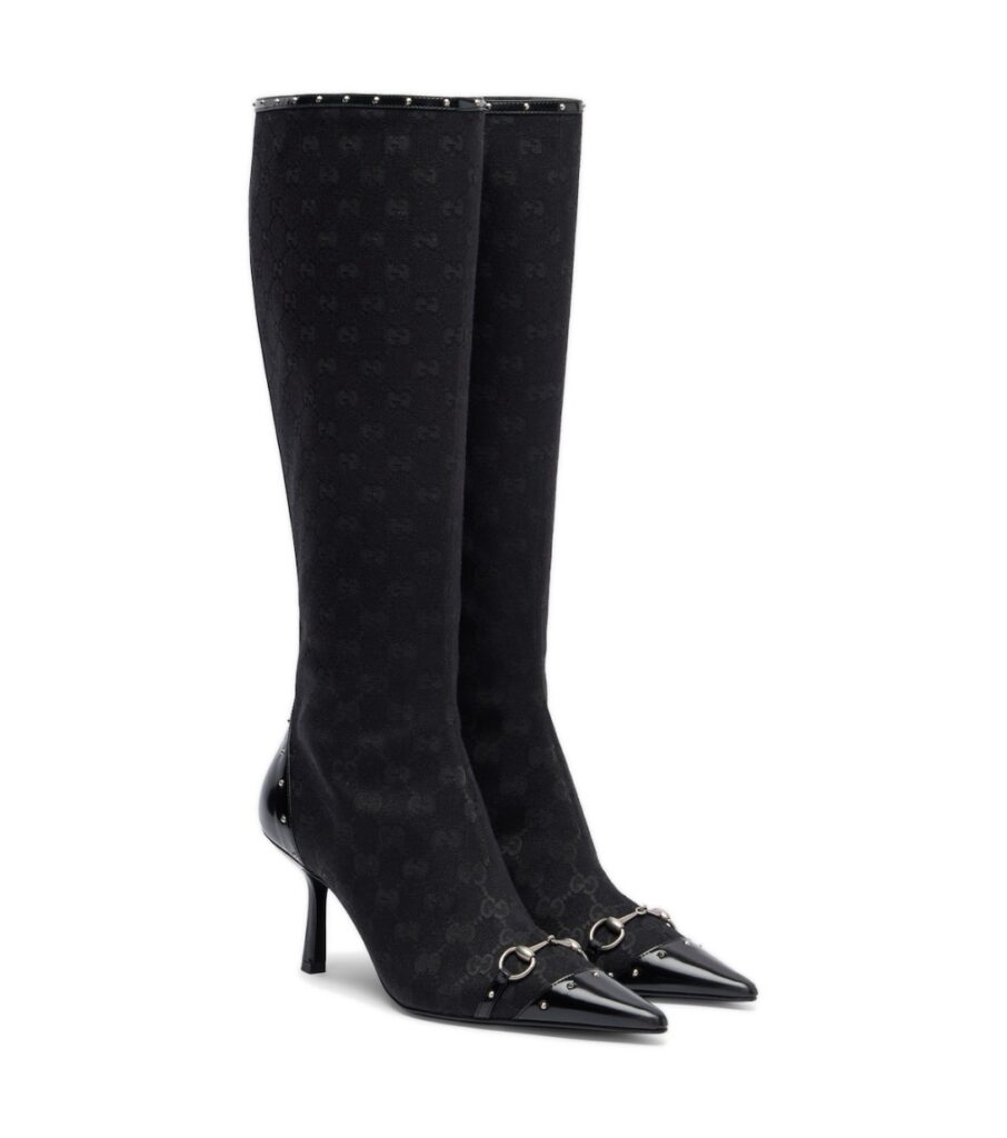 מגפי גוצ׳י GG – Gucci Savoy Horsebit GG Canvas Knee-High Boots – Black