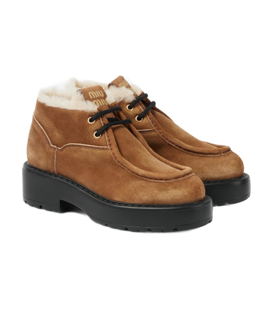 נעלי מיו מיו לנשים – Miu Miu Chunky Shearling-Trimmed Leather Flats – Brown