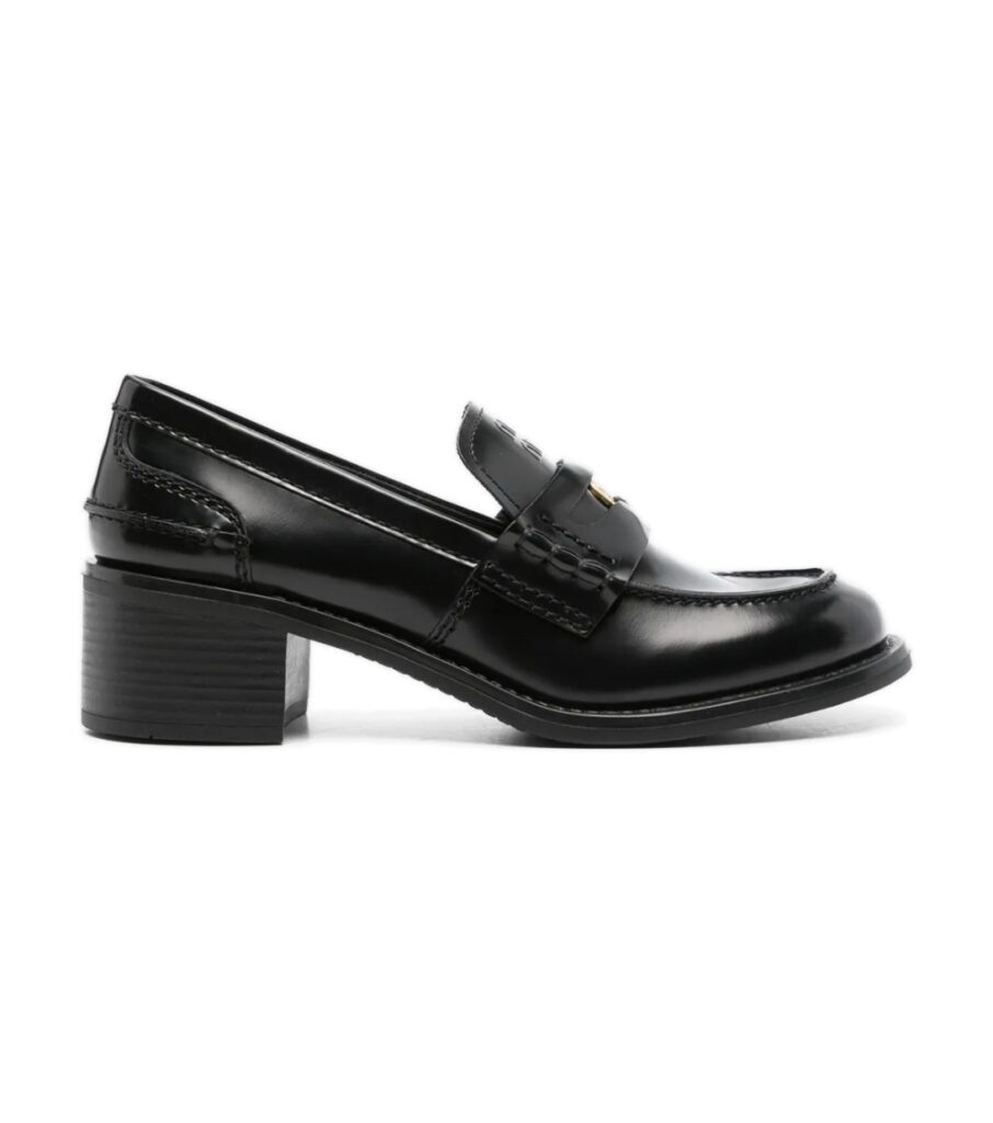 מוקסינים עם עקב מיו מיו – Miu Miu Coin-Embellished Block-Heel Loafers – Black