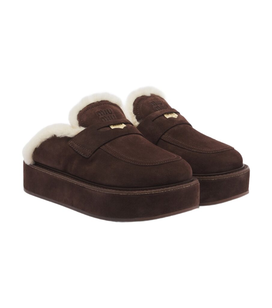 כפכפי מיו מיו – Miu Miu Shearling-Lined Suede Platform Mules – Brown