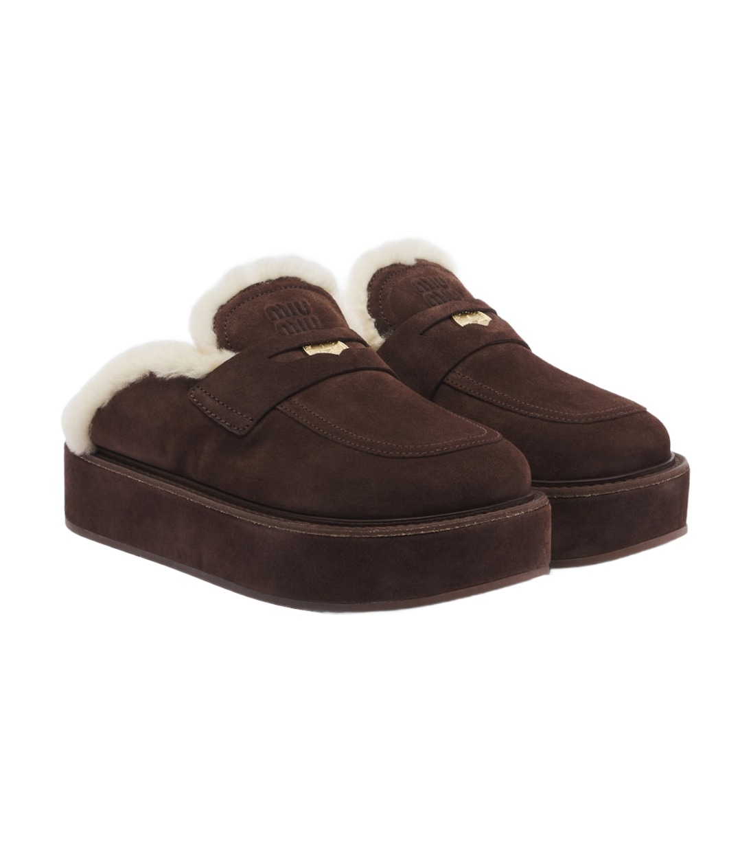 Miu Miu Shearling-Lined Suede Platform Mules – Brown כפכפי מיו מיו – Miu Miu Shearling-Lined Suede Platform Mules – Brown