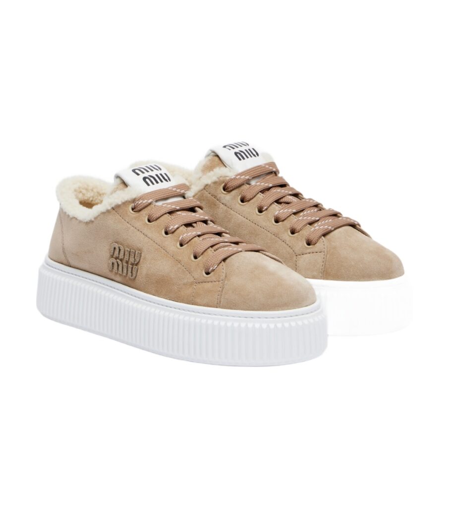 סניקרס מיו מיו – Miu Miu Shearling-Lined Suede Platform Sneakers – Brown