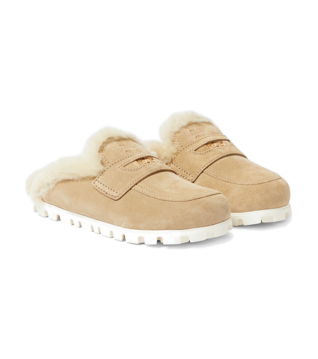 Miu Miu Shearling-Lined Suede Slippers – Beige סליפרס מיו מיו – Miu Miu Shearling-Lined Suede Slippers – Beige