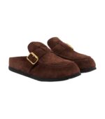 כפכפי פרווה פראדה – Prada Shearling-Lined Suede Buckle Mules – Dark Brown