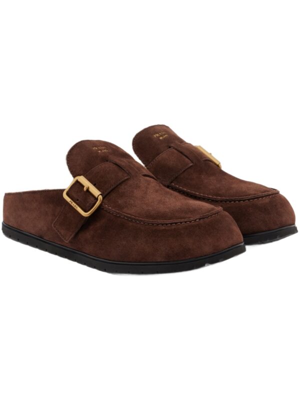 כפכפי פרווה פראדה – Prada Shearling-Lined Suede Buckle Mules – Dark Brown