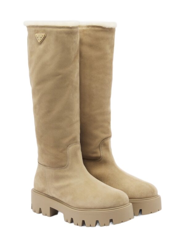 מגפי פראדה – Prada Shearling-Lined Suede Knee-High Boots – Beige