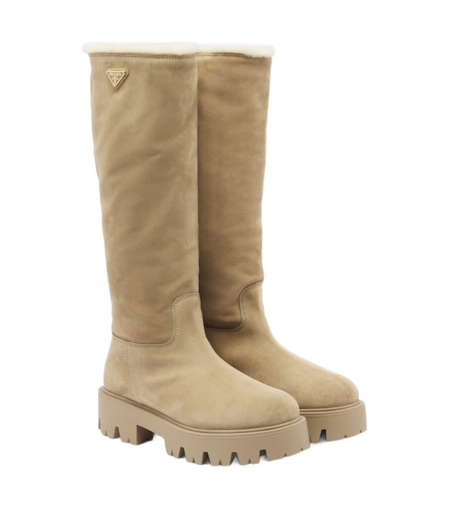 מגפי פראדה – Prada Shearling-Lined Suede Knee-High Boots – Beige