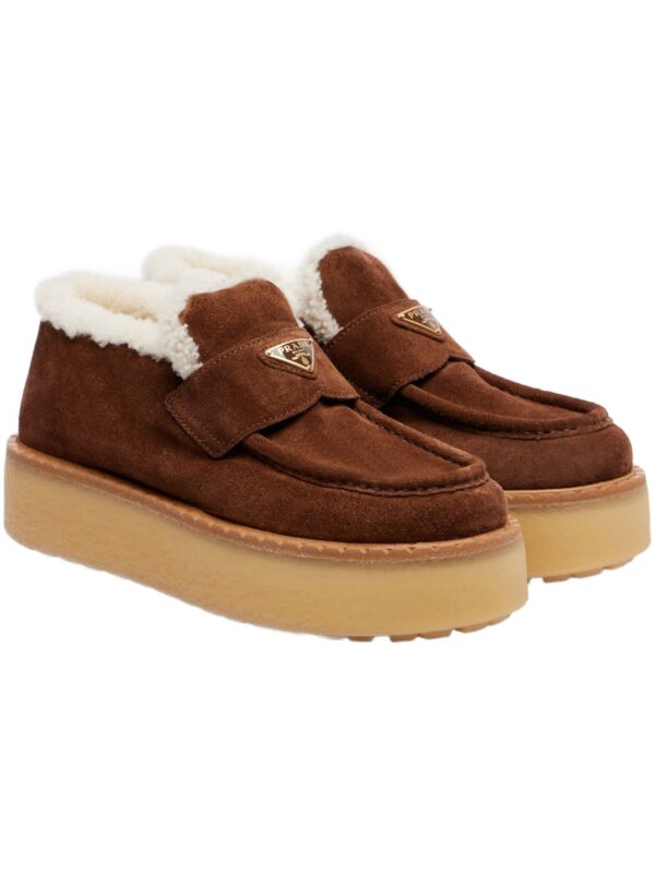 מוקסינים פראדה – Prada Shearling-Lined Suede Loafers – Brown