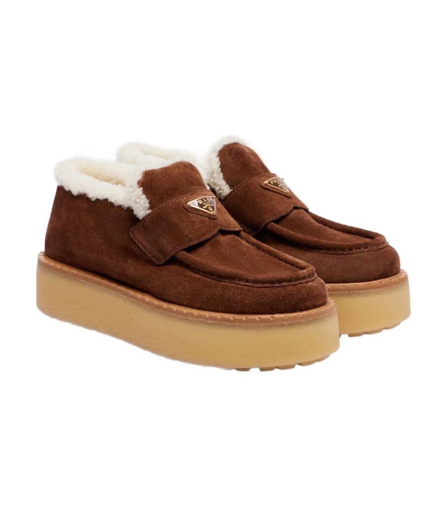 מוקסינים פראדה – Prada Shearling-Lined Suede Loafers – Brown