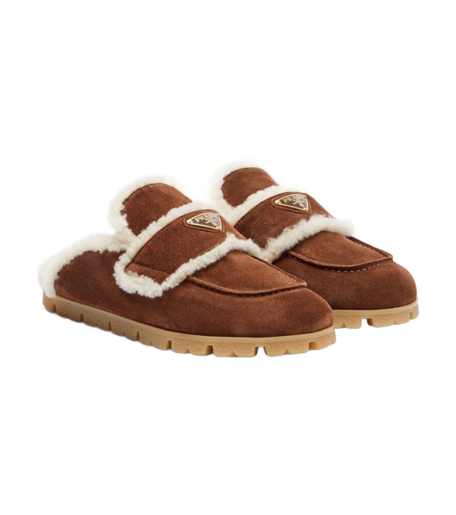 כפכפי פראדה חומים – Prada Shearling-Lined Suede Mules – Brown