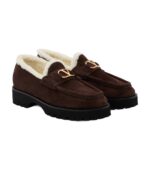 מוקסינים ולנטינו – Valentino Garavani VLogo Shearling-Trimmed Suede Platform Loafers – Brown